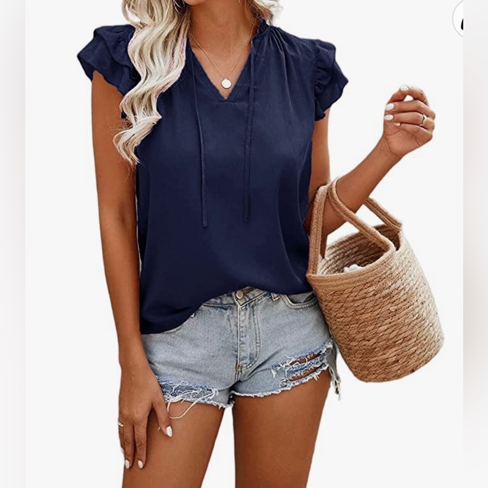 NWOT Women's Tops -V-Neck Cap Ruffle Trim Frilled Short Sleeve Tie Neck- Size XL